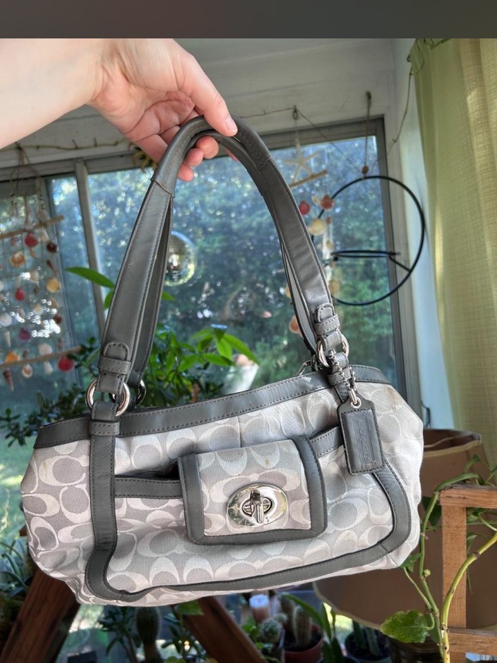 Gray Logo-Pattern Shoulder Bag with Turnlock Pocket